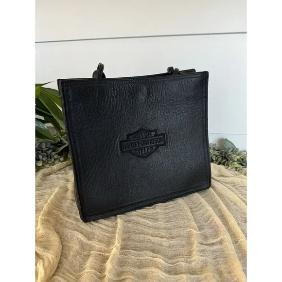 Harley-Davidson Handbags - Vtg HARLEY DAVIDSON BLACK GENUINE LEATHER EMBROIDERED SHOULDER BAG STRUCTURED